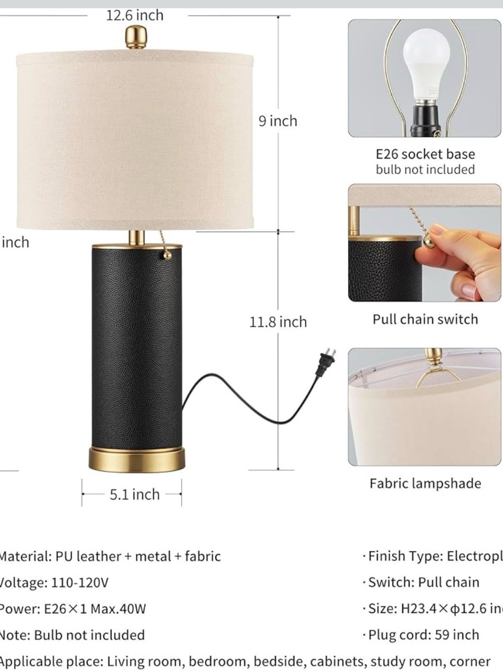 KDG Black leather and Gold embossed Table Lamp - Decorative Home Accent - Picture 4 of 7